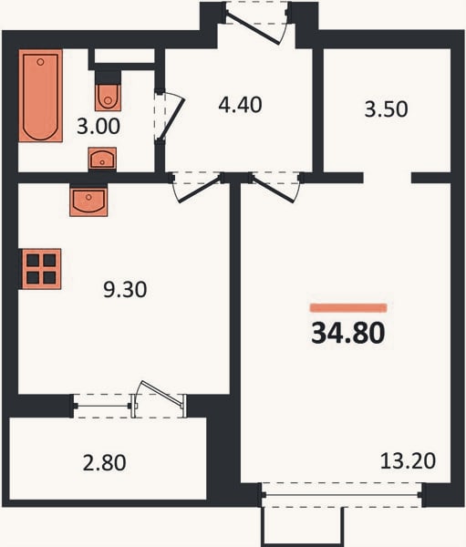 Планировка: 1-к, 34,8 м²
