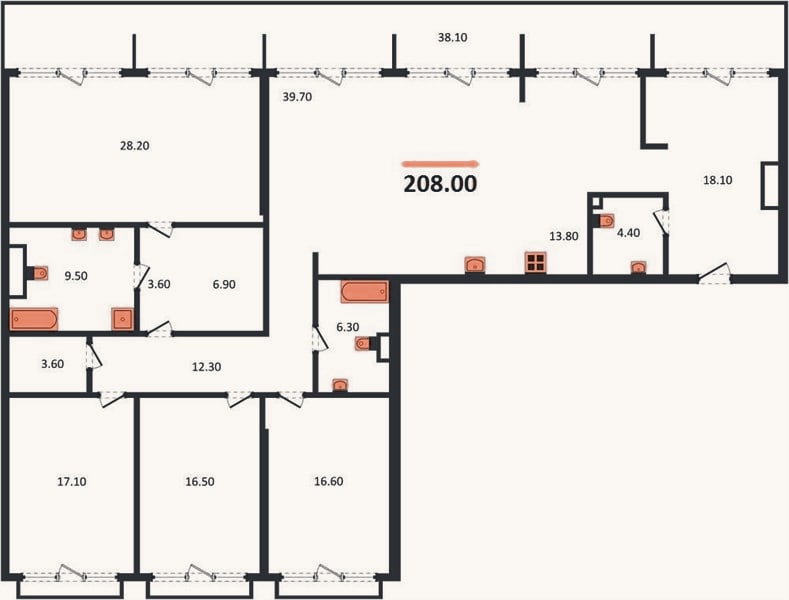 Планировка: 4+ к, 208 м²