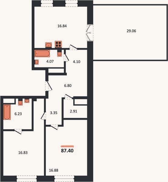 Планировка: 2-к, 87,4 м²