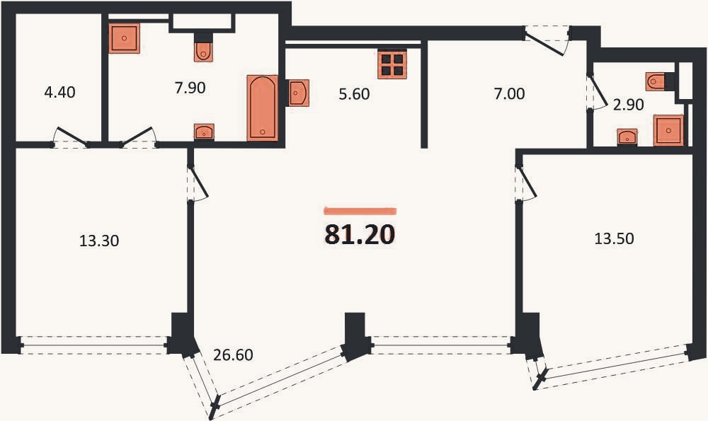 Планировка: 2-к, 81,2 м²