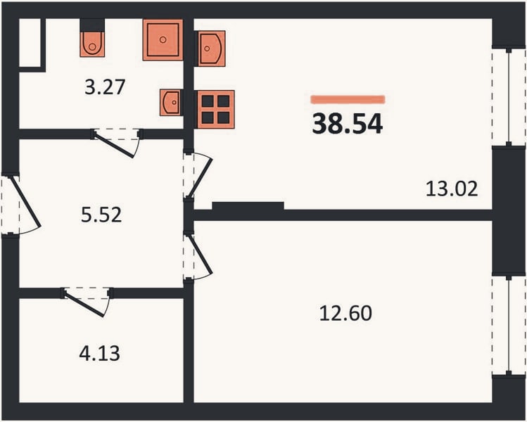 Планировка: 1-к, 38,5 м²