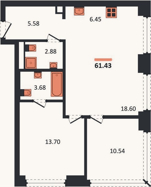 Планировка: 2-к, 61,4 м²