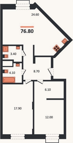 Планировка: 2-к, 76,8 м²