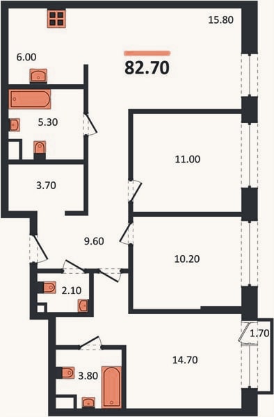 Планировка: 3-к, 82,7 м²