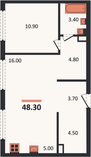 Планировка: 1-к, 48,3 м²