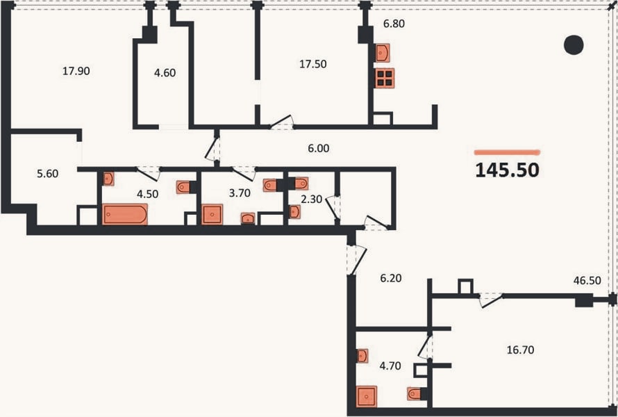 Планировка: 3-к, 145,5 м²