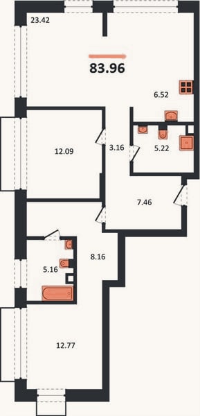 Планировка: 2-к, 84 м²