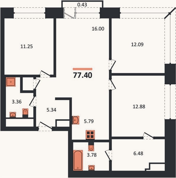 Планировка: 3-к, 77,4 м²