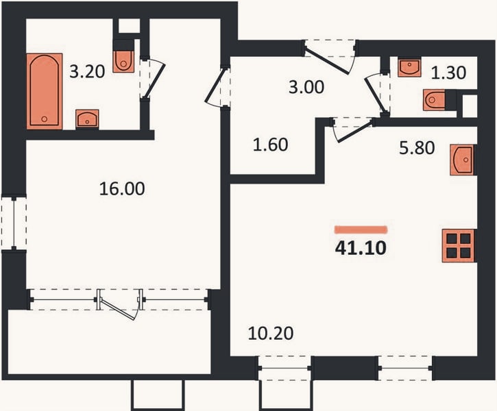 Планировка: 1-к, 41,1 м²