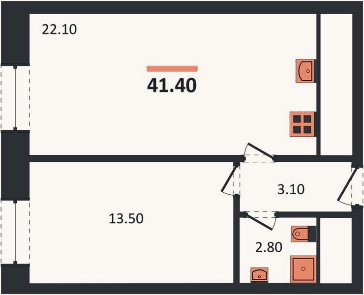Планировка: 1-к, 41,4 м²