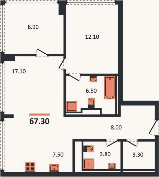 Планировка: 2-к, 67,3 м²