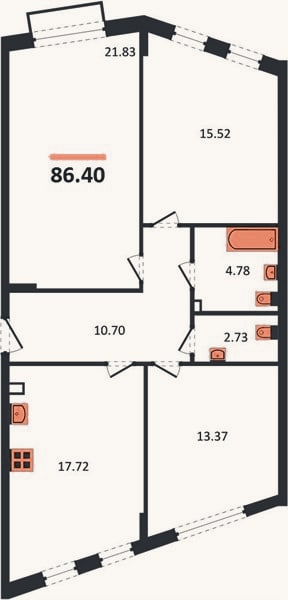 Планировка: 3-к, 86,4 м²