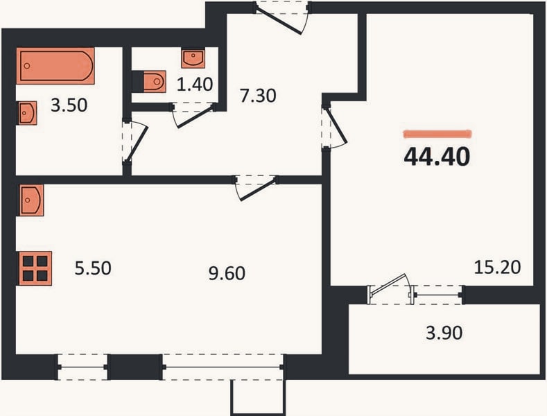 Планировка: 1-к, 44,4 м²