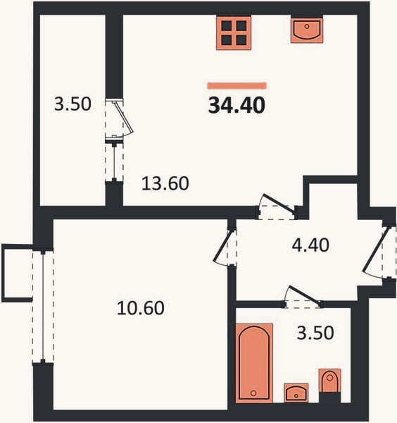 Планировка: 1-к, 34,4 м²