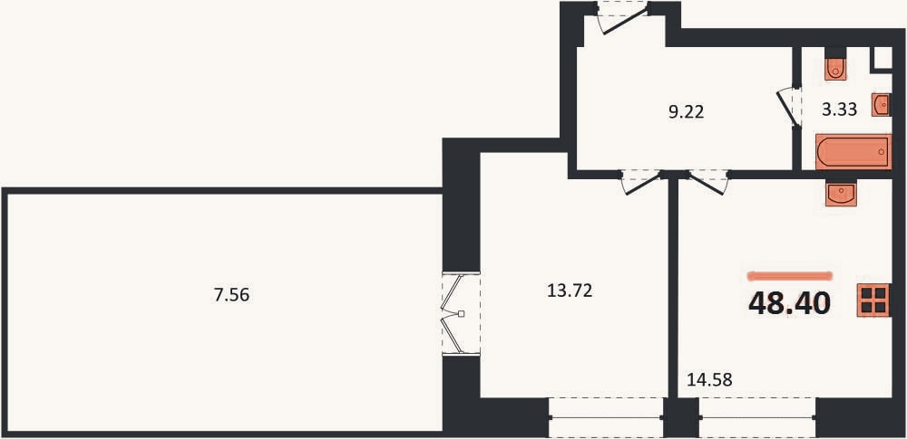 Планировка: 1-к, 48,4 м²