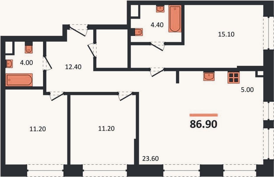 Планировка: 3-к, 86,9 м²