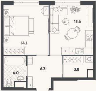 Планировка: 1-к, 42 м²