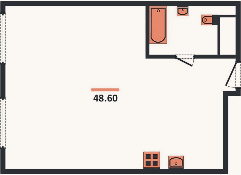 Планировка: 1-к, 48,6 м²