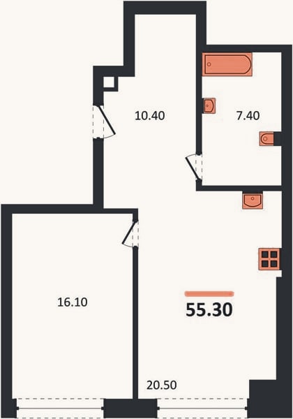 Планировка: 1-к, 55,3 м²