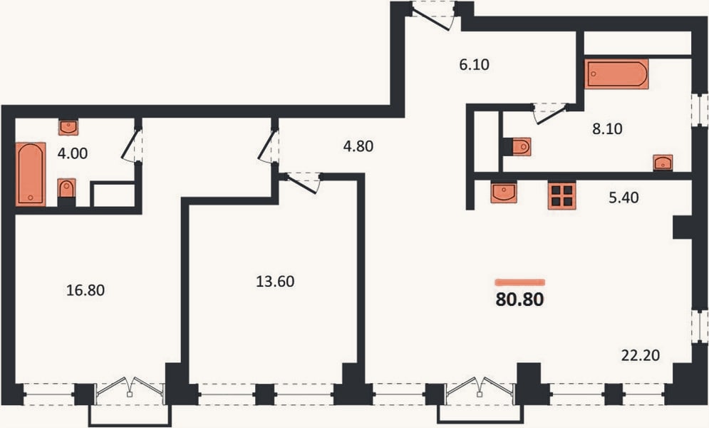 Планировка: 2-к, 80,8 м²