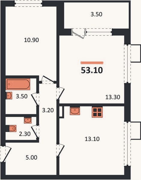 Планировка: 2-к, 53,1 м²