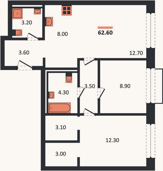 Планировка: 2-к, 62,6 м²
