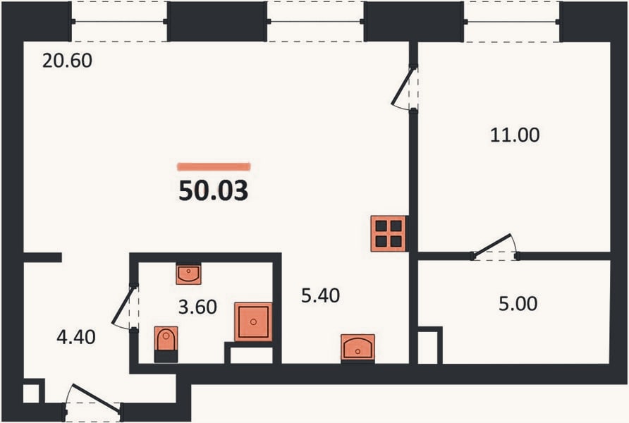Планировка: 1-к, 50 м²