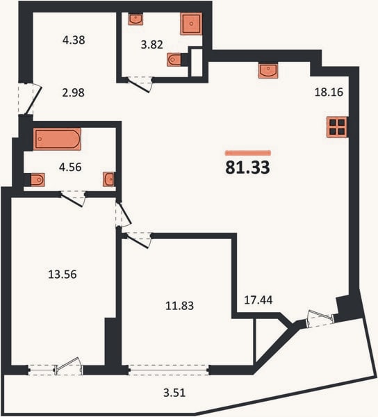 Планировка: 2-к, 81,3 м²