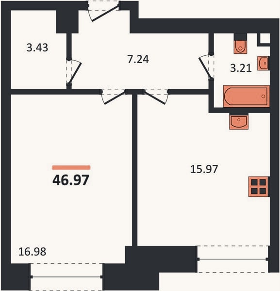 Планировка: 1-к, 47 м²