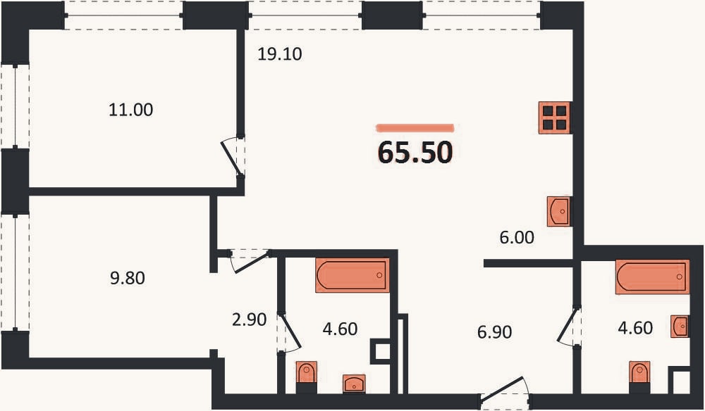 Планировка: 2-к, 65,5 м²