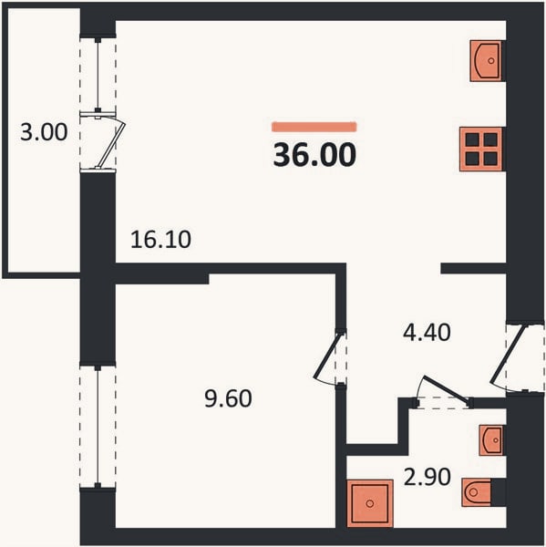 Планировка: 1-к, 36 м²