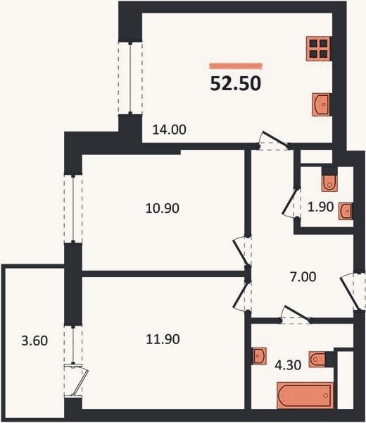 Планировка: 2-к, 52,5 м²
