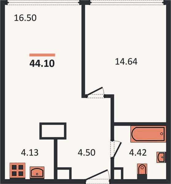 Планировка: 1-к, 44,1 м²