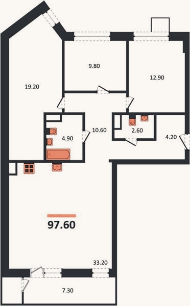 Планировка: 3-к, 97,6 м²