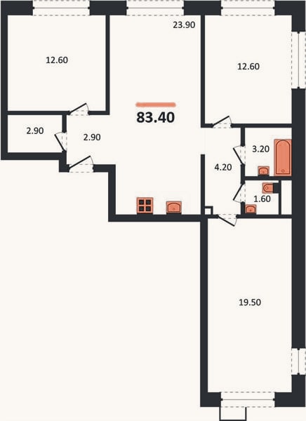 Планировка: 3-к, 83,4 м²