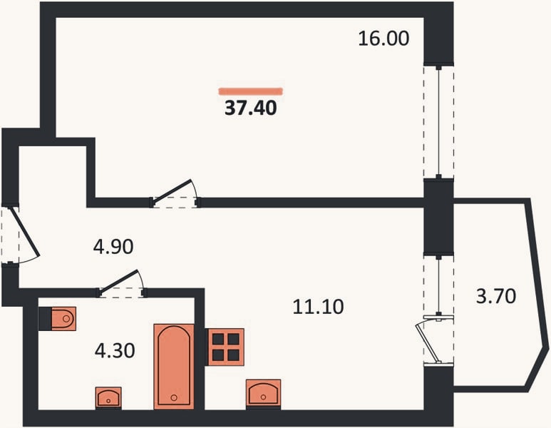 Планировка: 1-к, 37,4 м²