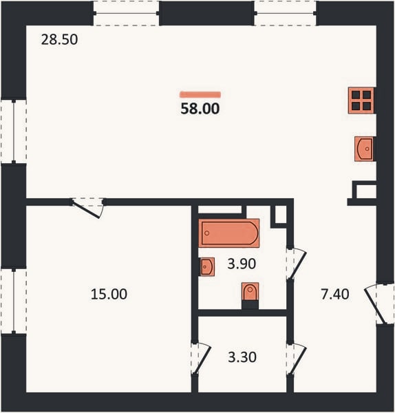 Планировка: 1-к, 58 м²