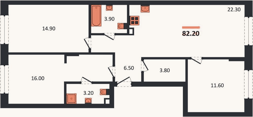 Планировка: 3-к, 82,2 м²
