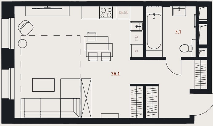 Планировка: Студия, 41,2 м²