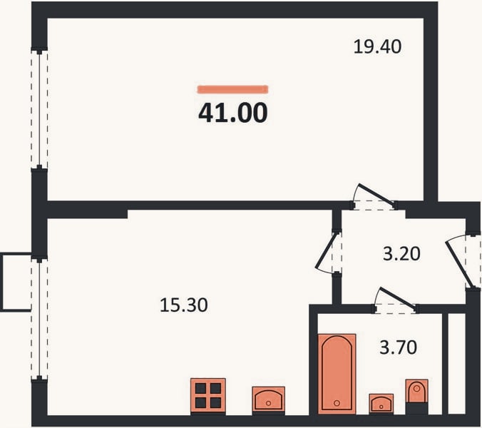 Планировка: 1-к, 41 м²