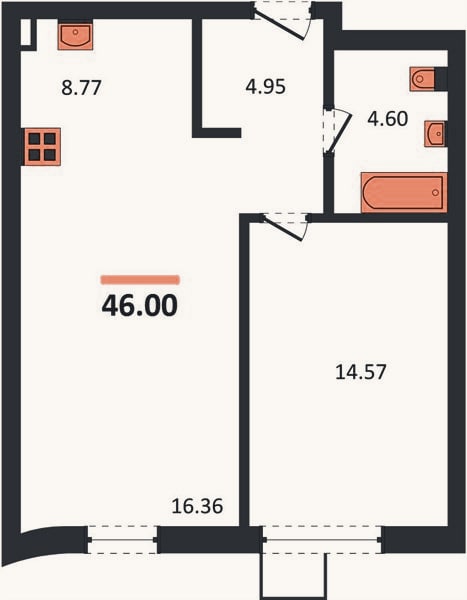 Планировка: 1-к, 46 м²