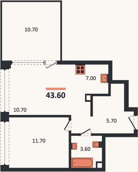 Планировка: 1-к, 43,6 м²