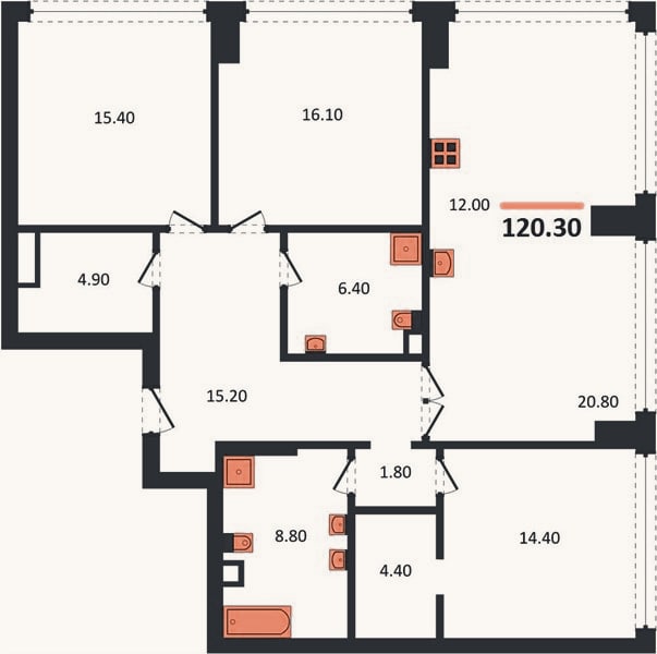 Планировка: 3-к, 120,3 м²