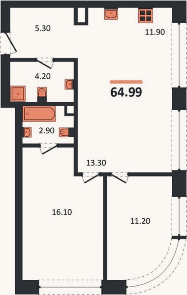 Планировка: 2-к, 65 м²