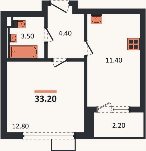 Планировка: 1-к, 33,2 м²