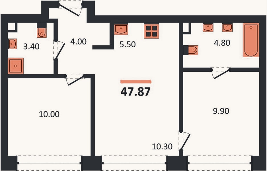Планировка: 2-к, 47,9 м²