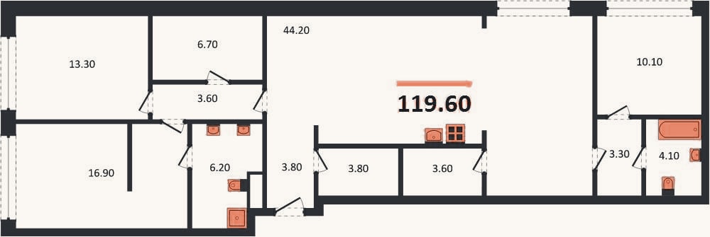 Планировка: 3-к, 119,6 м²