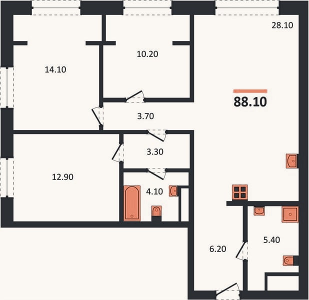 Планировка: 3-к, 88,1 м²