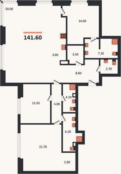 Планировка: 3-к, 141,6 м²