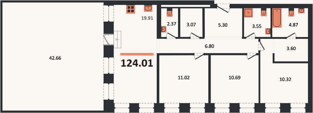 Планировка: 3-к, 124 м²